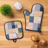  Patchwork Stijl Roze Blauw Rustiek Patterned Ovenwant & Pannenlap Set (Top down)