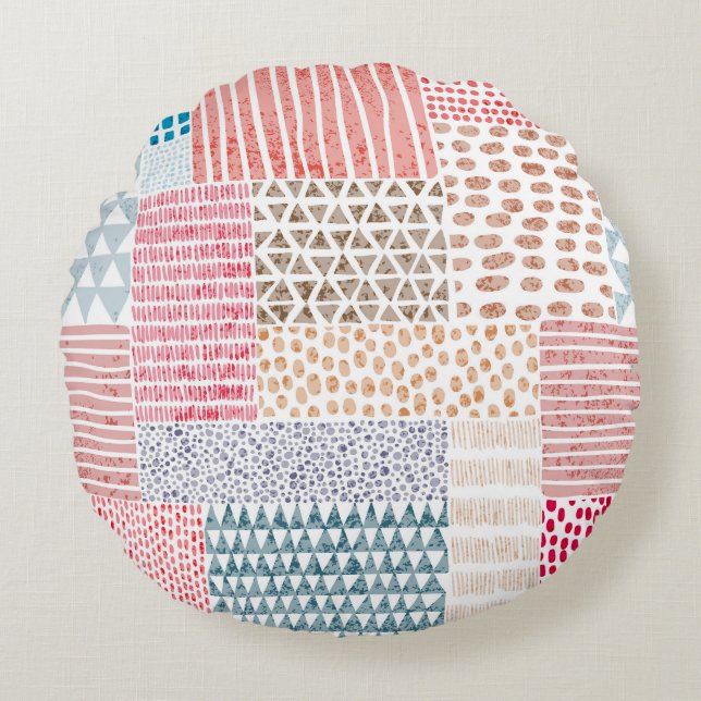 Patchwork stijl Schattige Doodle Patroon Rond Kussen (Voorkant)