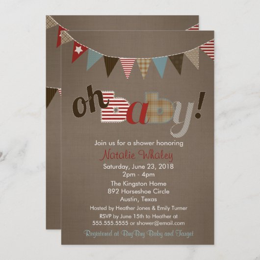 Patchwork Stitch Rustic Quilt Banner Baby shower Kaart (Voorkant / Achterkant)