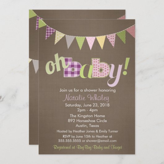 Patchwork Stitch Rustic Quilt Banner Baby shower Kaart (Voorkant / Achterkant)