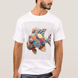 Patchwork stof vis met schelpen t-shirt