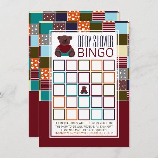 Patchwork Teddy Bear, Baby shower Bingo (Voorkant / Achterkant)
