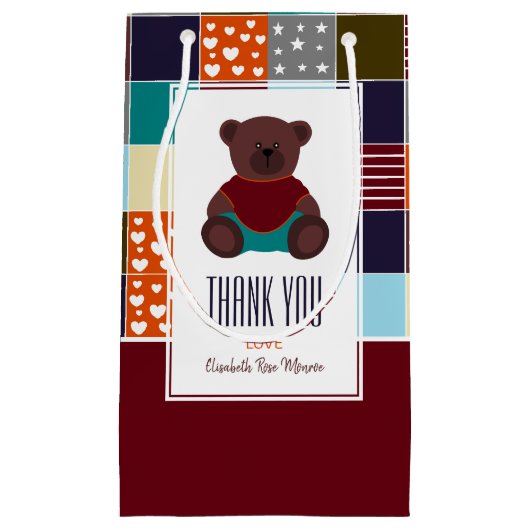 Patchwork Teddy Bear, Baby shower Dank je wel Klein Cadeauzakje (Voorkant)