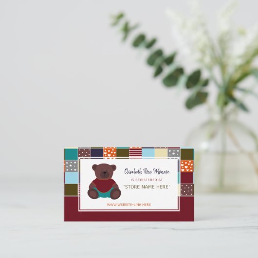 Patchwork Teddy Bear, Baby shower Gift Registry Informatiekaartje (Staand voorkant)