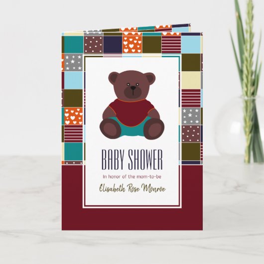 Patchwork Teddy Bear, Baby shower Invitation (Voorkant)