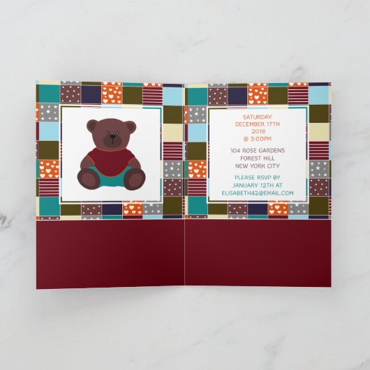 Patchwork Teddy Bear, Baby shower Invitation (Binnen)