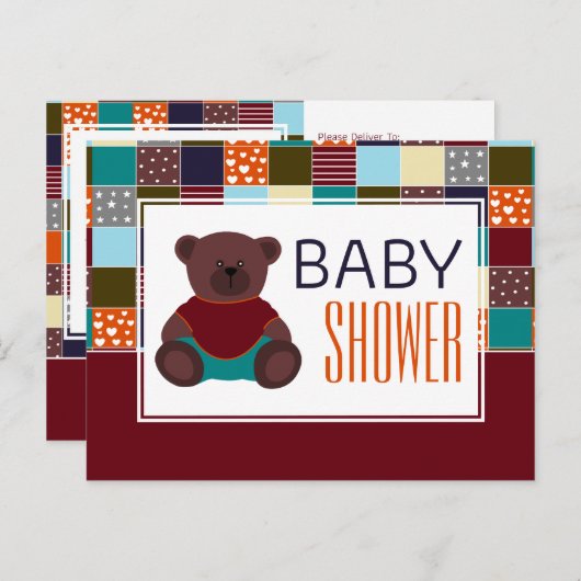 Patchwork Teddy Bear, Baby shower Invitation Uitnodiging Briefkaart (Voorkant / Achterkant)