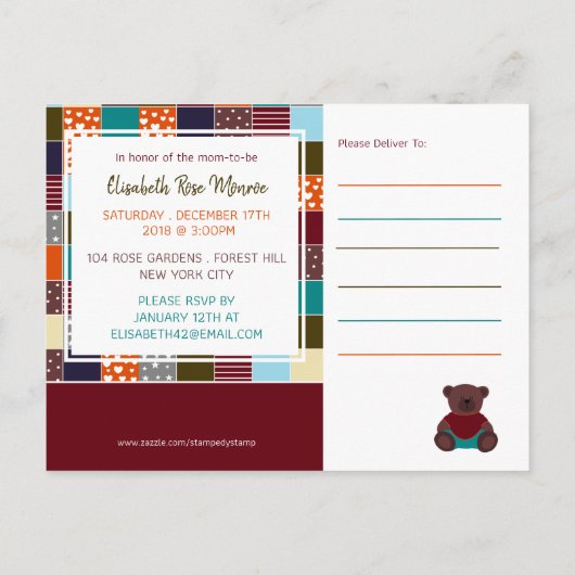 Patchwork Teddy Bear, Baby shower Invitation Uitnodiging Briefkaart (Achterkant)