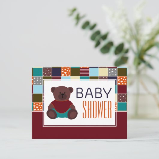 Patchwork Teddy Bear, Baby shower Invitation Uitnodiging Briefkaart (Staand voorkant)