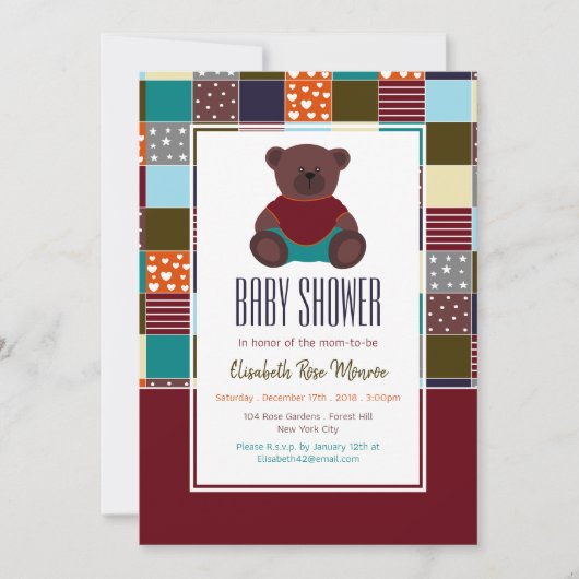 Patchwork Teddy Bear, Baby shower Kaart (Voorkant)