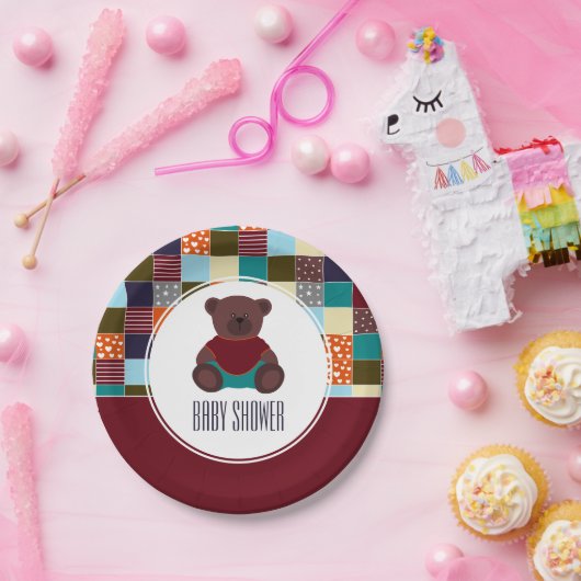 Patchwork Teddy Bear, Baby shower Papieren Bordje (Feest)