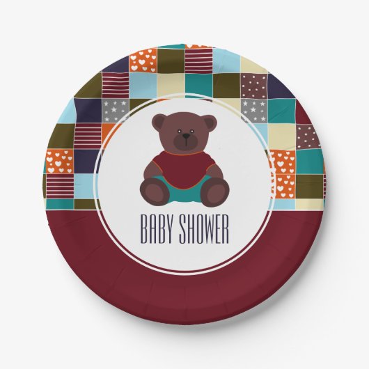 Patchwork Teddy Bear, Baby shower Papieren Bordje (Voorkant)