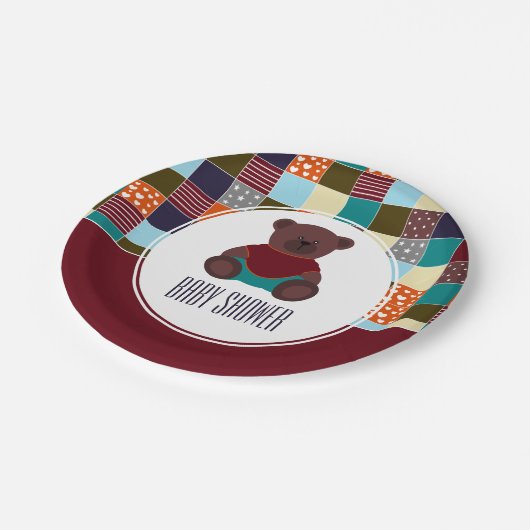Patchwork Teddy Bear, Baby shower Papieren Bordje (Gekanteld)