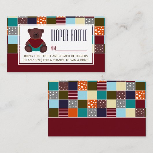 Patchwork Teddy Bear, Baby shower Raffle Ticket Informatiekaartje (Voorkant / Achterkant)