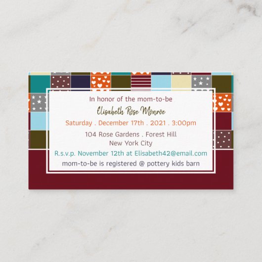 Patchwork Teddy Bear, Baby shower Ticket Invite Informatiekaartje (Achterkant)