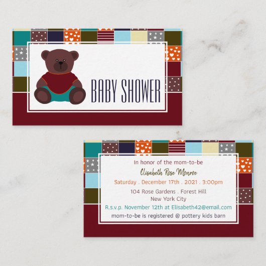Patchwork Teddy Bear, Baby shower Ticket Invite Informatiekaartje (Voorkant / Achterkant)