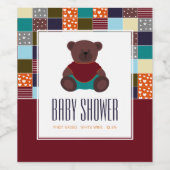 Patchwork Teddy Bear, Baby shower Wijn Etiket (Enkel label)