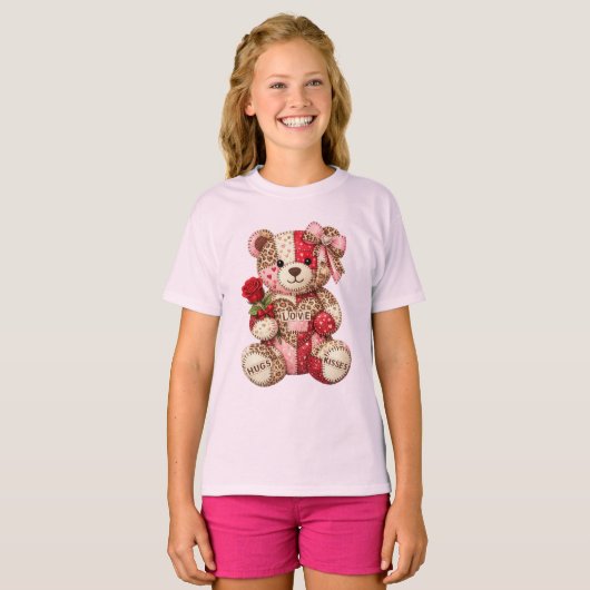 Patchwork Teddy Bear Valentine — Quilted Leopard  T-shirt (Voorkant volledig)