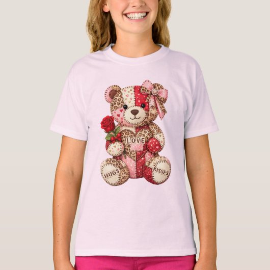 Patchwork Teddy Bear Valentine — Quilted Leopard  T-shirt (Voorkant)