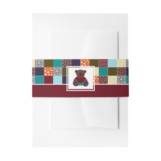 Patchwork Teddybeer, Baby Shower Uitnodigingen Wikkel (Voorkant Voorbeeld)