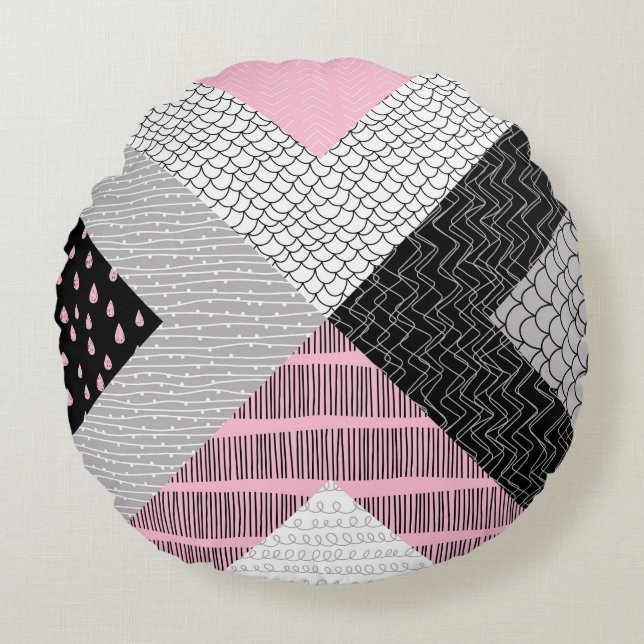 Patchwork tegels, vrij tekenpatroon. rond kussen (Voorkant)