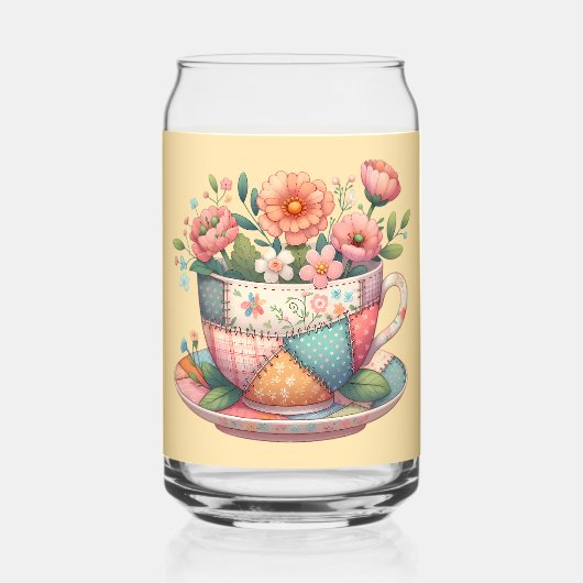 Patchwork theekop met grillige bloemen blikvorm glas (Voorkant)