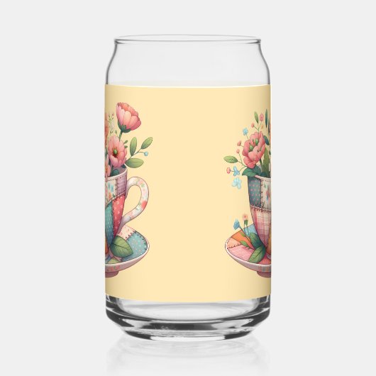 Patchwork theekop met grillige bloemen blikvorm glas (Rechts)