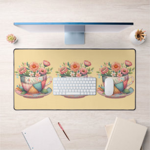 Patchwork theekop met grillige bloemen bureaumat