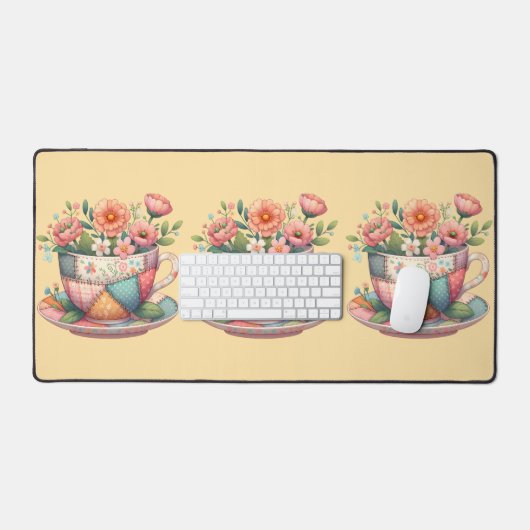 Patchwork theekop met grillige bloemen bureaumat (Keyboard & Muis)
