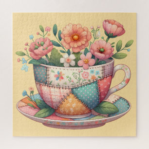 Patchwork theekop met grillige bloemen legpuzzel