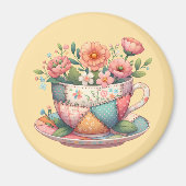 Patchwork theekop met grillige bloemen magneet (Voorkant)