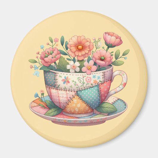 Patchwork theekop met grillige bloemen magneet (Voorkant)