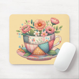 Patchwork theekop met grillige bloemen muismat