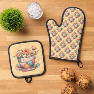 Patchwork theekop met grillige bloemen ovenwant & pannenlap set