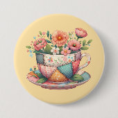 Patchwork theekop met grillige bloemen ronde button 7,6 cm (Voorkant)