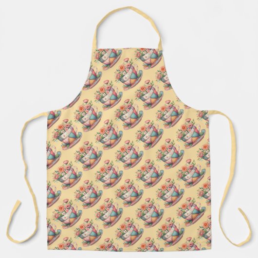 Patchwork theekop met grillige bloemen schort (Voorkant)