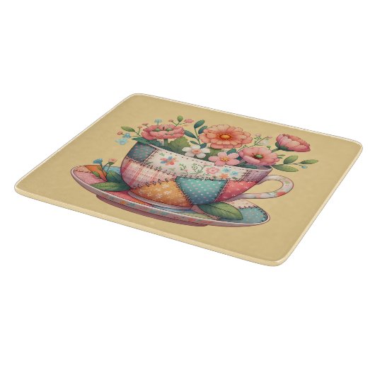 Patchwork theekop met grillige bloemen snijplank (Hoek)