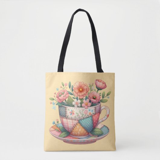 Patchwork theekop met grillige bloemen tote bag (Voorkant)