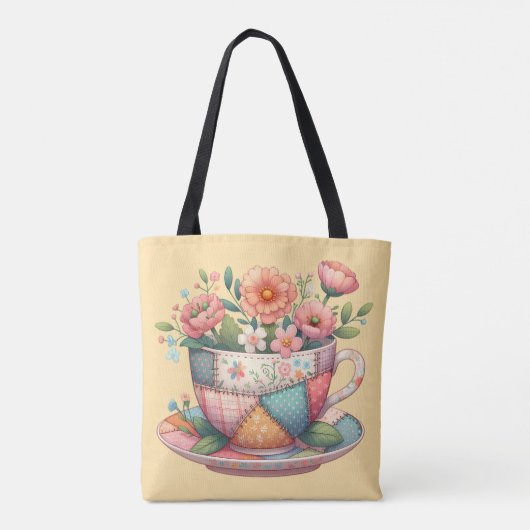 Patchwork theekop met grillige bloemen tote bag (Achterkant)