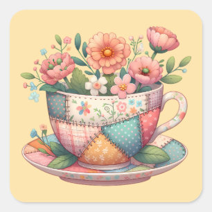 Patchwork theekop met grillige bloemen vierkante sticker