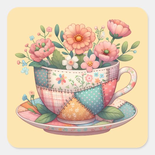 Patchwork theekop met grillige bloemen vierkante sticker (Voorkant)