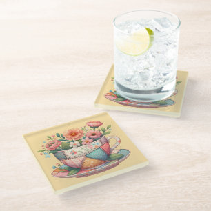Patchwork Theekop met Whimsical Bloemen Glazen Onderzetter