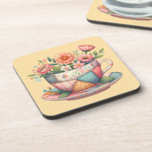 Patchwork Theekop met Whimsische Bloemen Bier Onderzetter