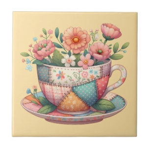 Patchwork Theekop met Whimsische Bloemen Tegeltje