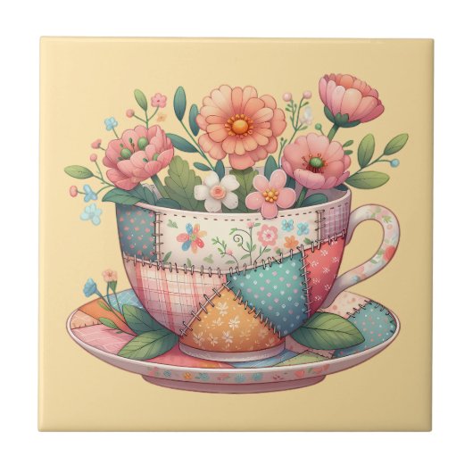 Patchwork Theekop met Whimsische Bloemen Tegeltje (Voorkant)