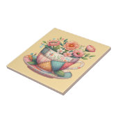 Patchwork Theekop met Whimsische Bloemen Tegeltje (Zijkant)