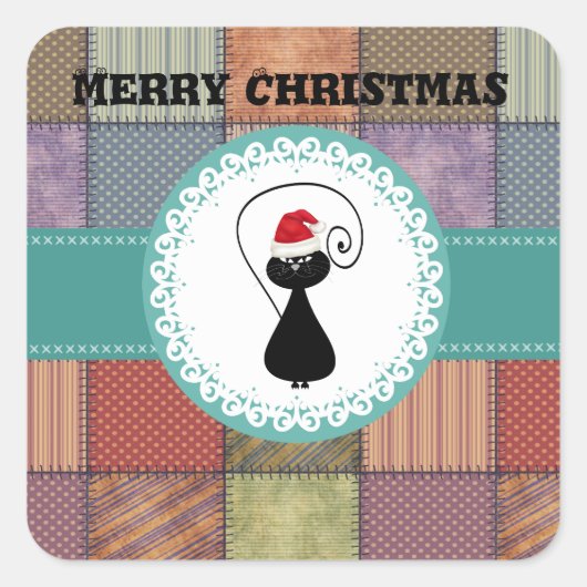 Patchwork trendy schattige kerstkat wintervakantie vierkante sticker (Voorkant)