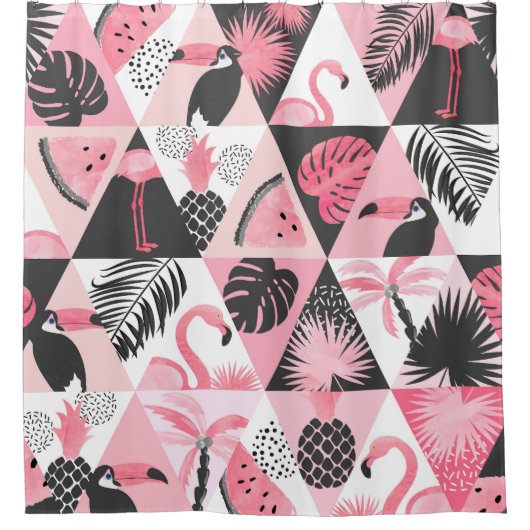 Patchwork Tropical: Flamingo Watermeloen Naadloos. Douchegordijn (Voorkant)