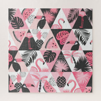 Patchwork Tropical: Flamingo Watermeloen Naadloos. Legpuzzel