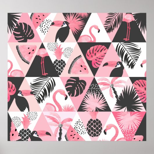 Patchwork Tropical: Flamingo Watermeloen Naadloos. Poster (Voorkant)